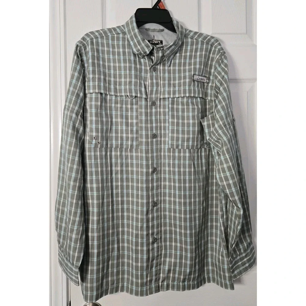 Habit Mens Long Sleeve Shirt Size Medium Plaid, Tan & White